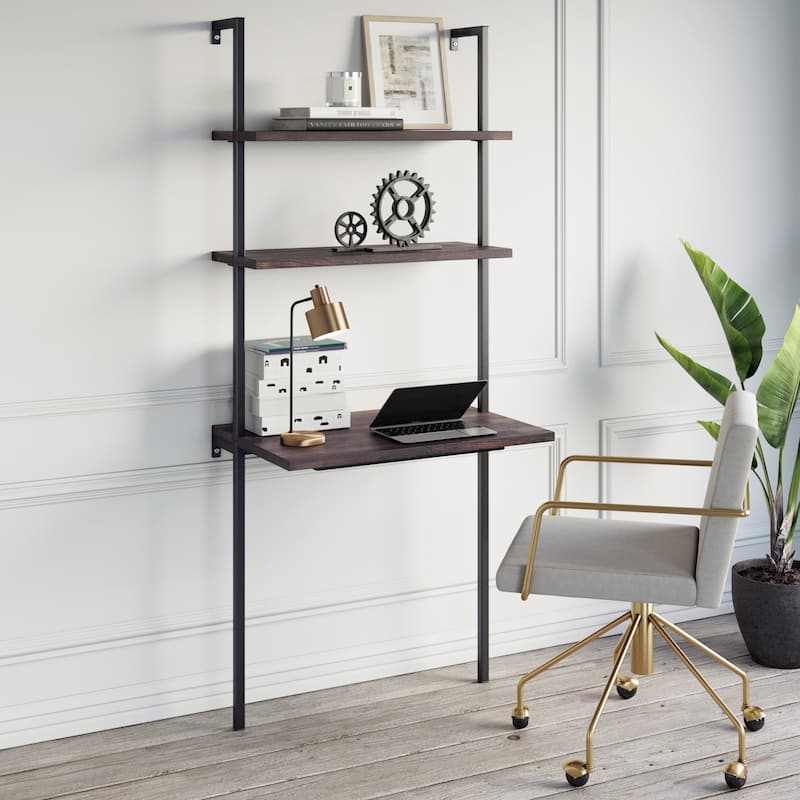 Nathan James Theo 2-Shelf Industrial Wall Mount Ladder Desk, Small Computer or Writing Desk - Nutmeg/Matte Black