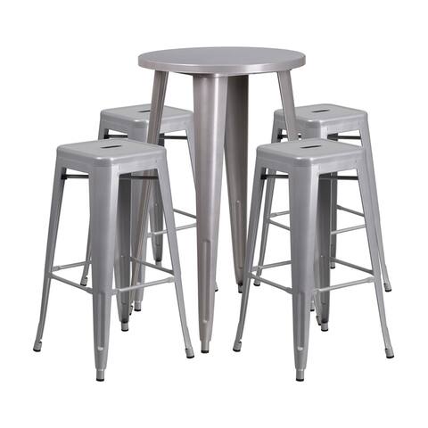 Offex Commercial Grade 24" Round Silver Metal Bar Table Set w/ 4 Stool