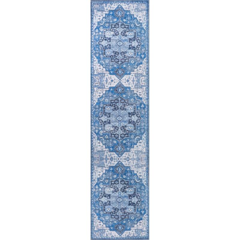 JONATHAN Y Marrakesh Ornate Medallion Machine Washable Area Rug - 2 X 10 - Blue/Navy