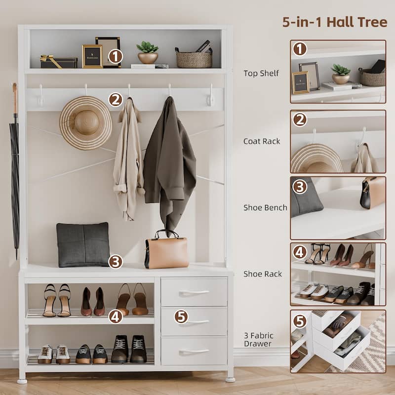 5-in-1Hall Tree Entryway Shoe Rack with 7 Hooks& 3 Drawers