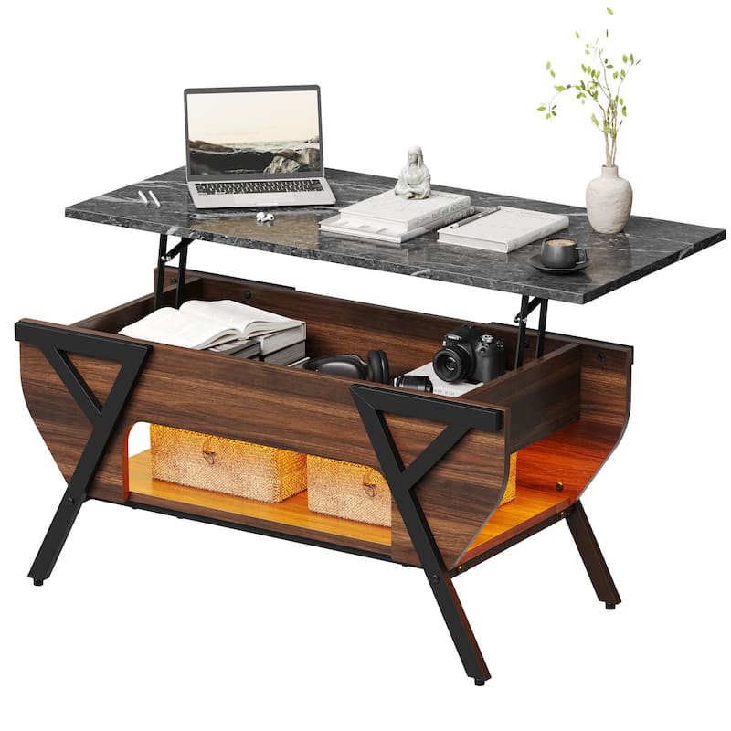 Lift-Top Coffee Table with LED Light and Storage Shelf