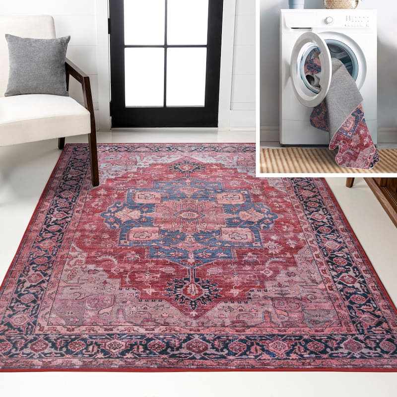 JONATHAN Y Marrakesh Ornate Medallion Machine Washable Area Rug - 2 X 8 - Red/Black/Blue