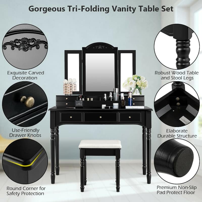Gymax 7 Drawers Vanity Set Dressing Table w/ Tri-Folding Mirror Black