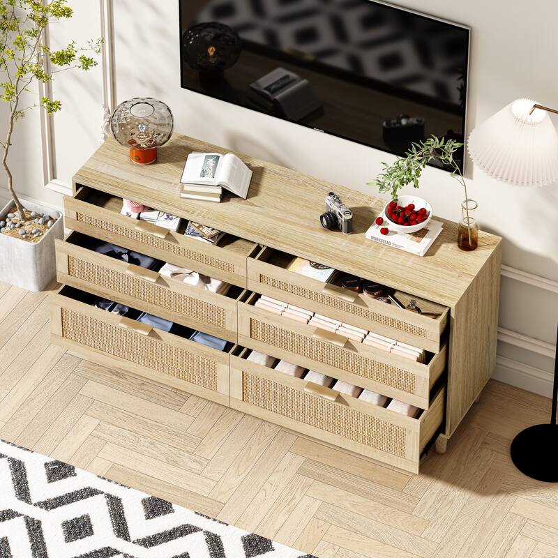 6 Drawers Rattan Dresser, Wooden Storage Wardrobe Dresser, Floor Standing Storage Cabinet with Metal Handle & Wood Legs