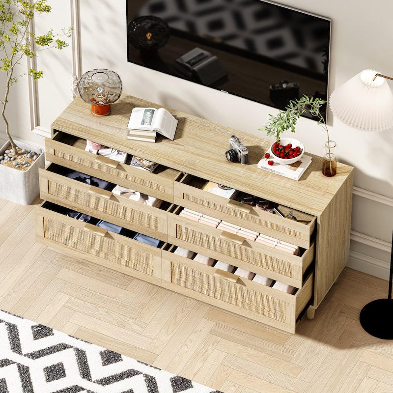 Rattan 6-Drawer Double Dresser with Metal Handle, Clothes Storage Cabinet for Bedroom