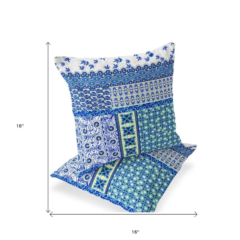 HomeRoots Set of Two 16" X 16" Blue and White Blown Seam Floral Indoor Outdoor Throw Pillow - 16.00' X '16.00' X '5.00