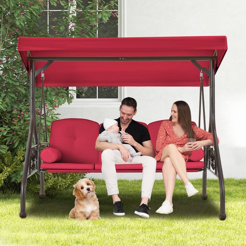 3-Seat Outdoor Porch Swing with Adjustable Canopy & Stand, Convertible Bed, All-Weather, Thickened Cushions & Cup Holders