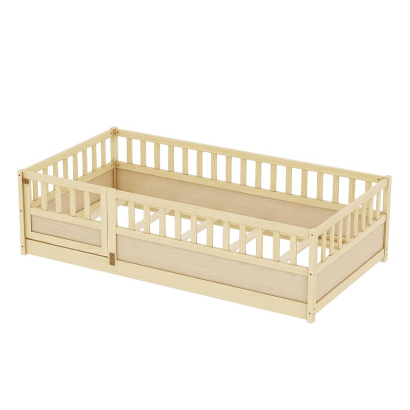 Floor Bed Pine Wood Bed Frame with Fence and Door Easy Assembly