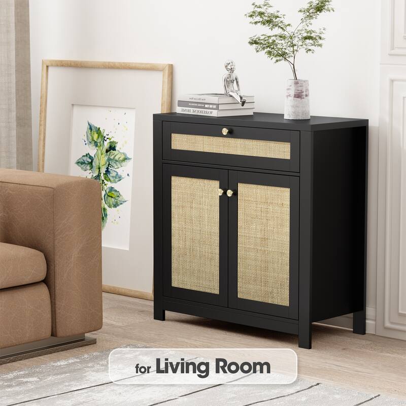 Anmytek 2-Door Black Rattan Cabinet with Drawer Storage Sideboard Buffet 31.5"W x 13.7"D x 32.8"H