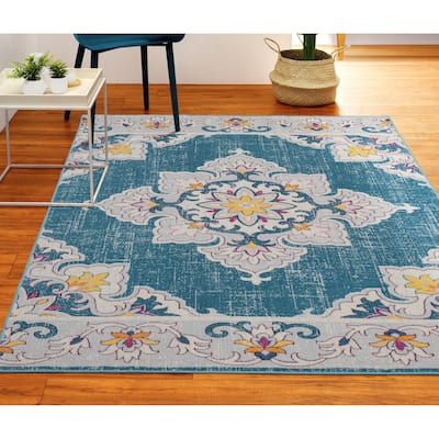 Sevita Patio Floral Blue Multicolored Eclectic Indoor Outdoor Rug
