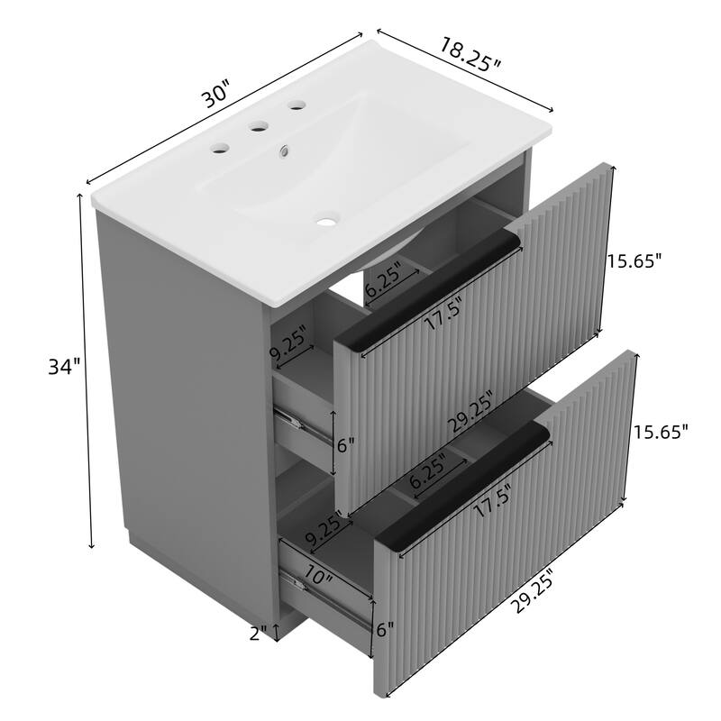 Fluted Bathroom Vanity with Ceramic Sink, Freestanding Vanities Set, Bathroom Storage Cabinet with Full-Extension Drawers