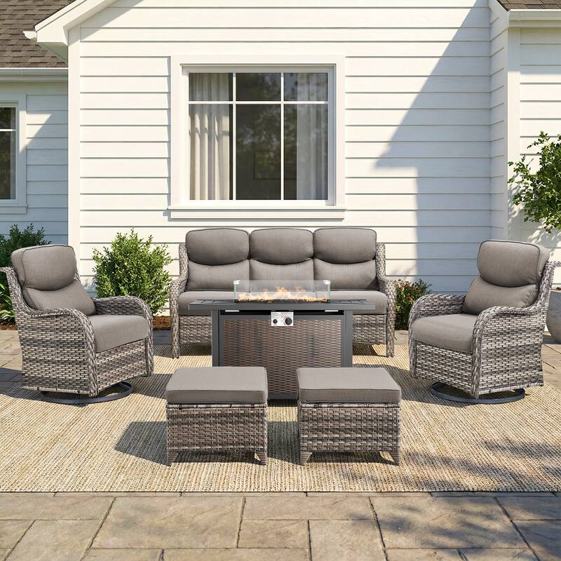 Pocassy 6/7 Piece Patio Sofa Swivel Chair Set with 43" Fire Pit Table - Gray Wicker Gray Cushion - 6-Piece Sofa Swivel Chair Ottoman w/ Fie Table