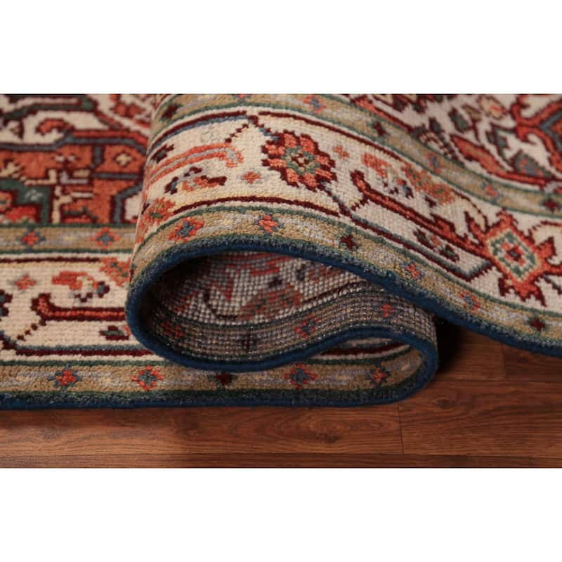 Blue Geometric Heriz Serapi Oriental Rug Hand-Knotted Wool Carpet - 4'0"x 6'1"