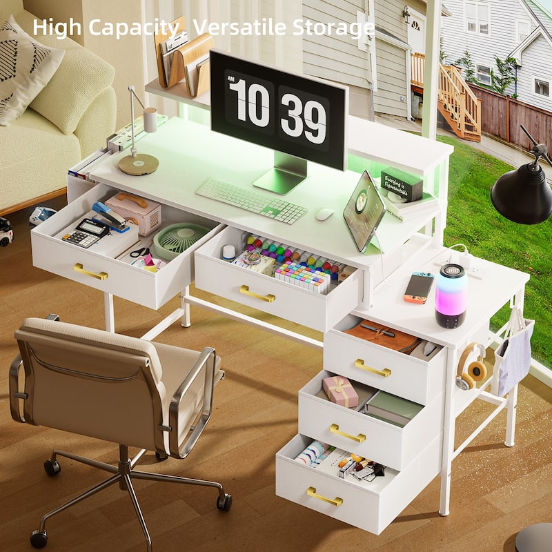 Multi - Use White Desk: 5 Drawers, Monitor Hutch, Outlets, LED Lighting – Fits Home Office, Study & Hobby Areas