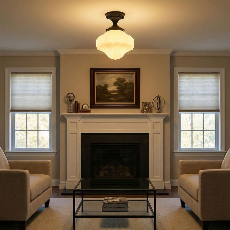 1-Light Matte Black Semi-Flush Mount Ceiling Light with Frosted White Glass Shade