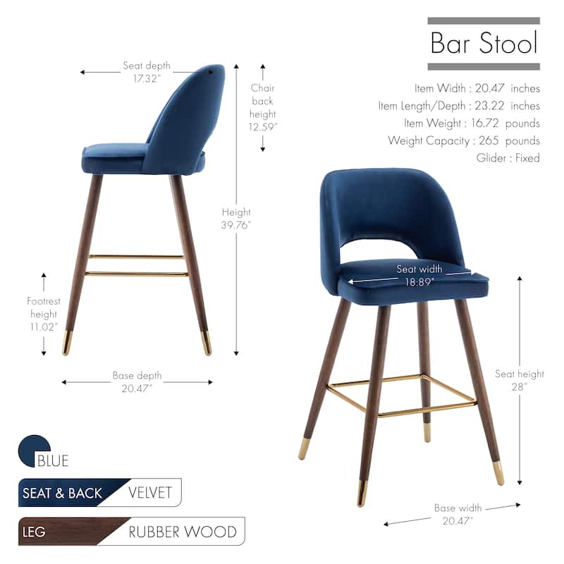 Porthos Home Quint Velvet Upholstered Bar Stools with Rubberwood Legs, Set of 2