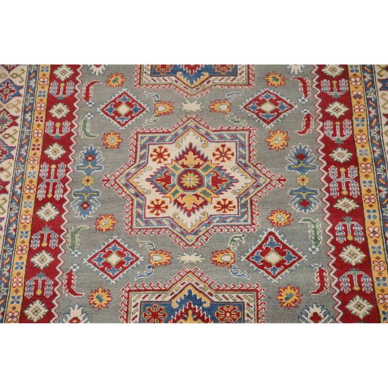 Hand Knotted Oriental 100% Wool Carpet Traditional Geometric Greys & Charcoal Kazak Area Rug - 9' 10'' X 6' 9''