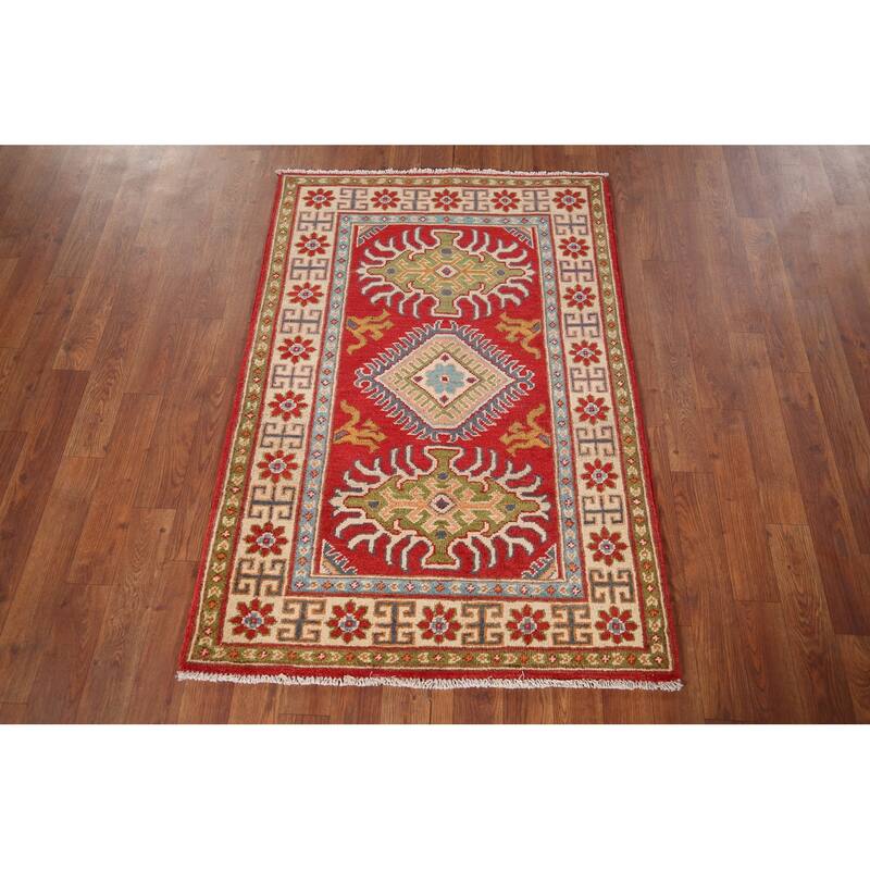 Red Geometric Kazak Foyer Rug Hand-Knotted Oriental Wool Carpet - 2'9" x 4'0"