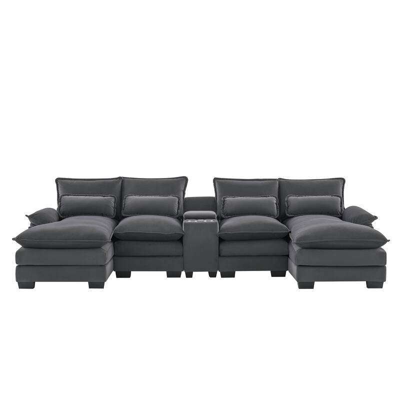 6-seat Upholstered Symmetrical Sofa Set with Console,Cupholders and USB Ports