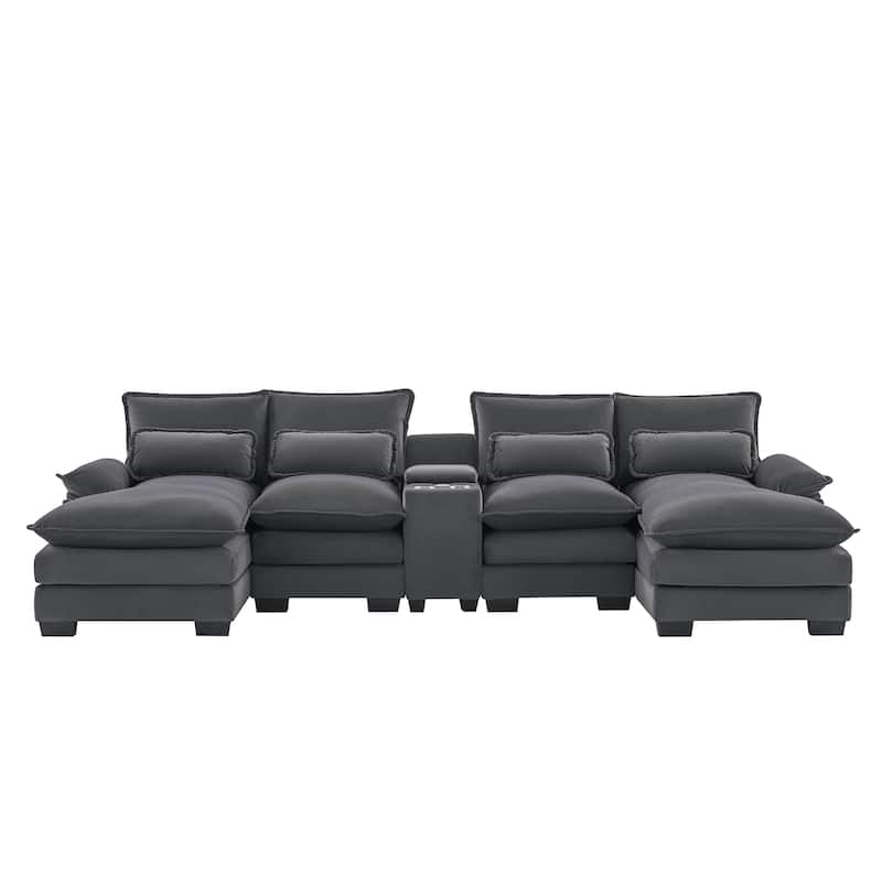 U-Shaped Cushions Deep Seat Sectional Sofa with Cupholders & USB Ports, Livingroom 6 Seat Upholstered Couch Set w/ Double Chaise