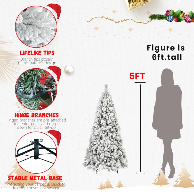 Flocked Artificial Christmas Tree - Snowy PVC & Hard Needle Branches, Hinged Structure, Metal Stand - Green,White