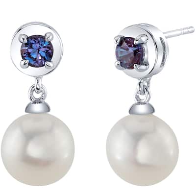 Freshwater Pearl and Alexandrite Birthstone Sterling Silver Drop Earrings