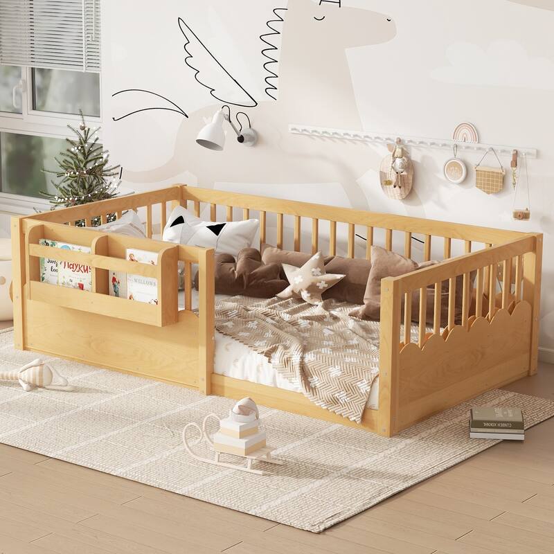 Montessori Floor Bed Kids Bed Frame with Heightened Fence and Bookshelf, Wavy Decoration Wood Platform Bed, No Slats Design