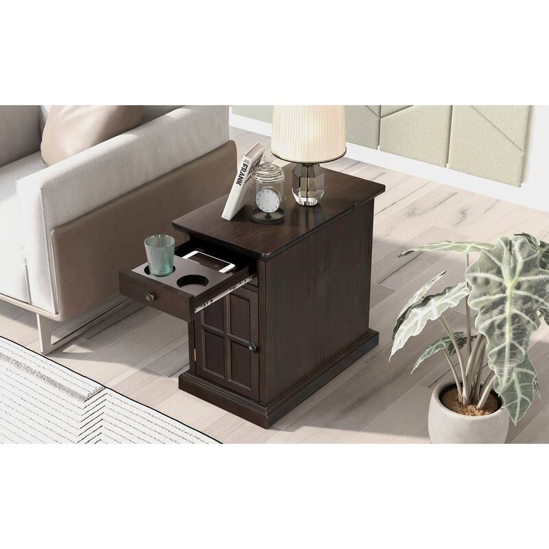 14" Vintage Rectangular Solid Wood End Table with USB Ports and One Multifunctional Drawer