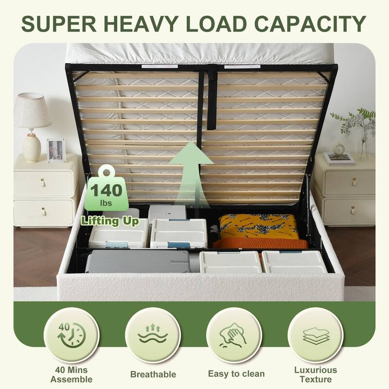 Modern Upholstered Lift-Up Storage Platform Bed with Headboard