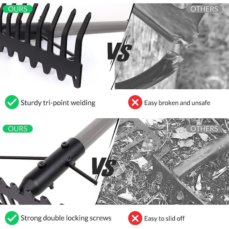 WaLensee 5.4FT Bow Rake Heavy Duty Garden Rake with Stainless Steel Handle, 17 Steel Tines Metal Head Rake Tool