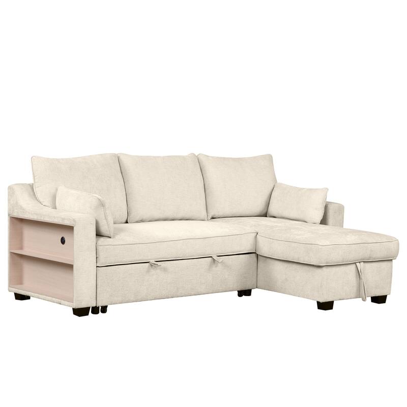 90" Convertible Sleeper Sofa with Storage Chaise, USB Ports, Storage Racks for Compact Spaces