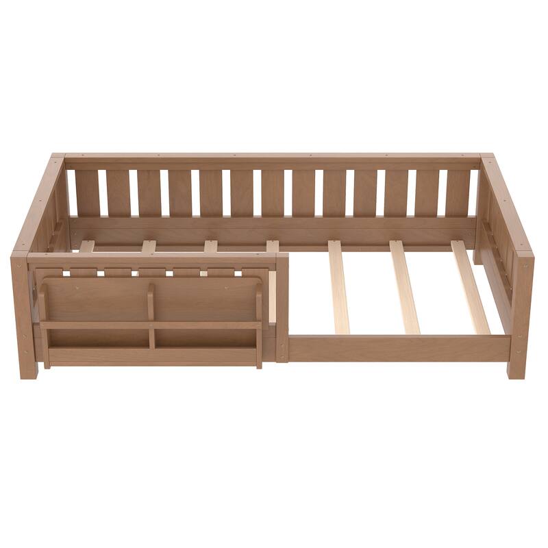 Montessori Floor Bed Low Profile Kids Bed with Rails & Bookshelf
