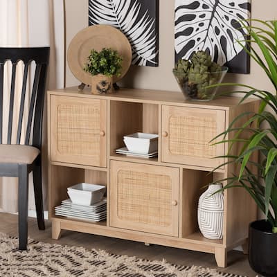 Elsbeth Mid-Century Modern Light Brown Finished Wood and Natural Rattan 3-Door Sideboard