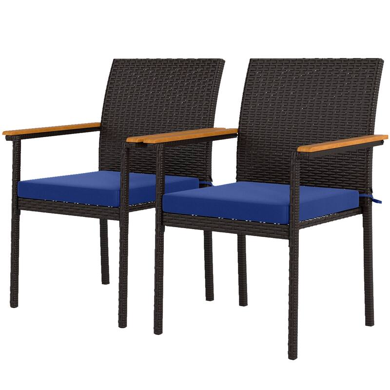 2-Piece UV-Resistant Rattan Outdoor Dining Chairs Set with Removable Cushion Covers and Acacia Armrests - Navy Blue, Brown