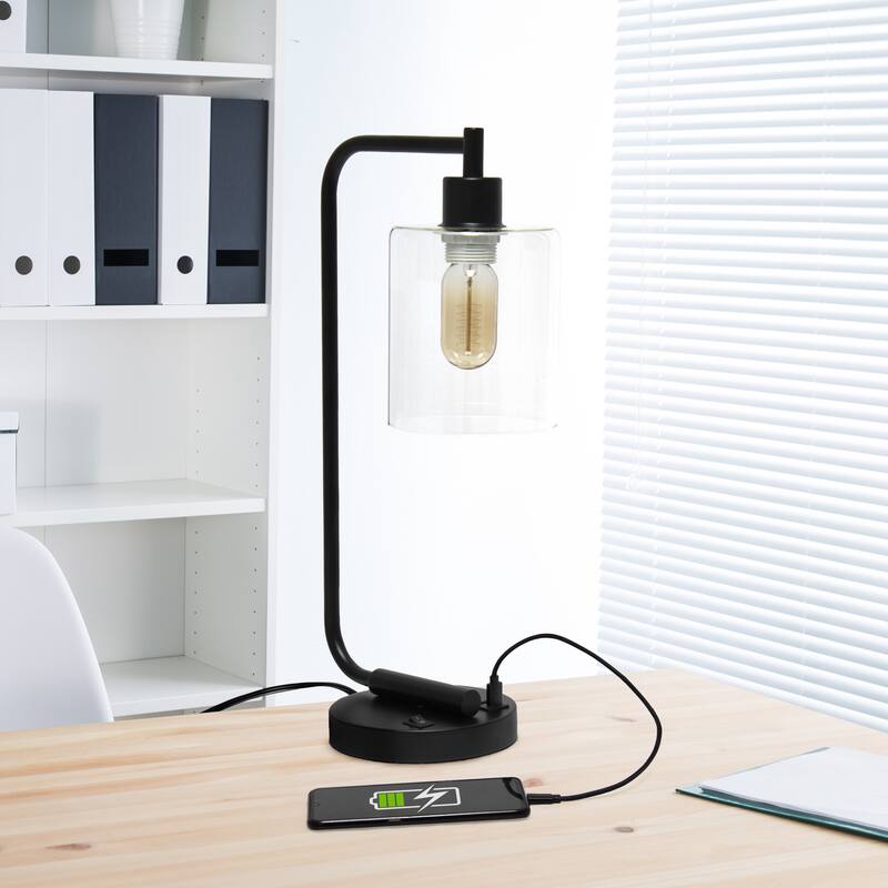 Simple Designs 18.8" Iron Lantern Desk Table Lamp with USB Port, Antique Brass, With LED Bulb