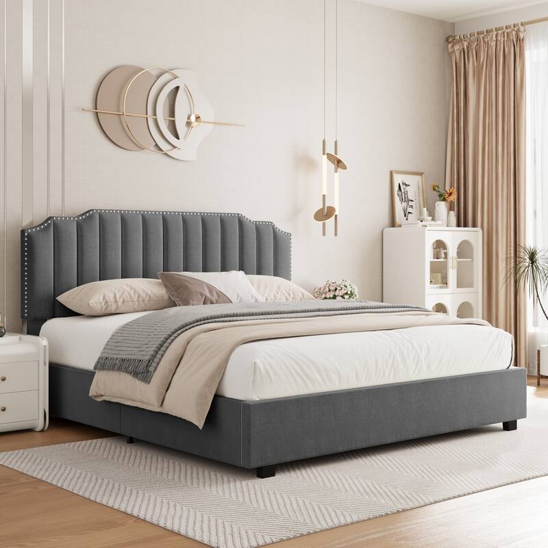 Modern Velvet Upholstered Platform Bed with Storage