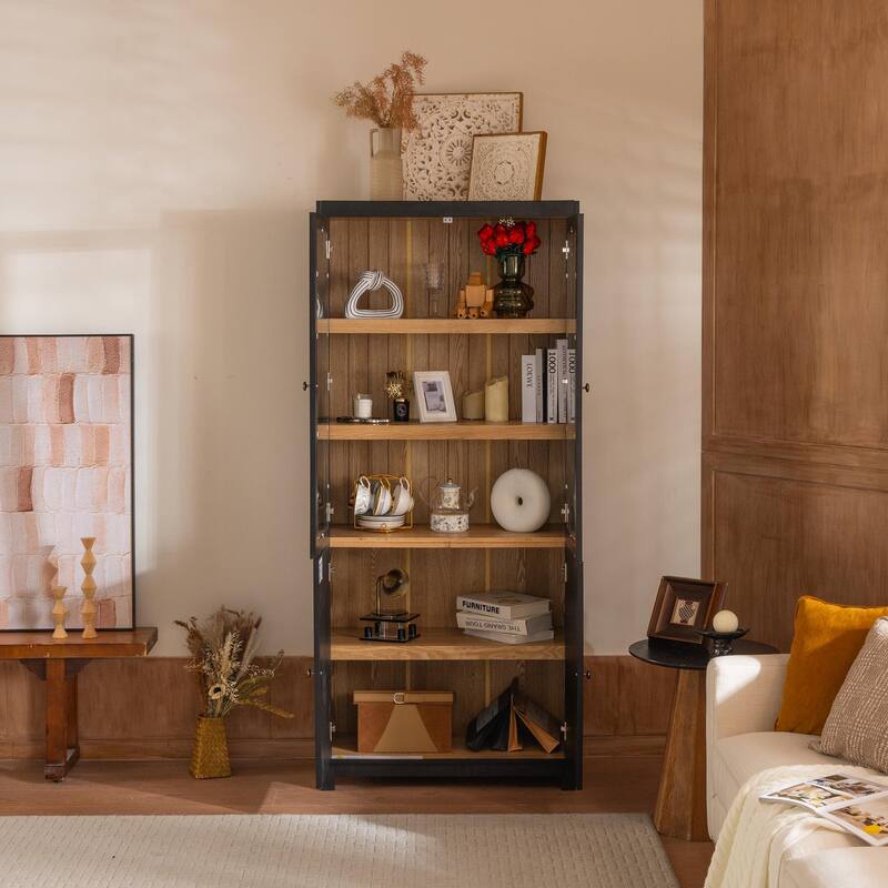 Roomfitters 74.5'' Ash Wood Display Cabinet with Glass Doors, Mid-Century Modern Bookcase Curio Cabinet with Storage, Black