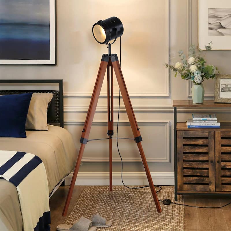 Modern Industrial Metal Wooden Nautical Tripod Floor Lamp- Retro Adjustable Rustic Reading Desk Table Lamp for Living Room