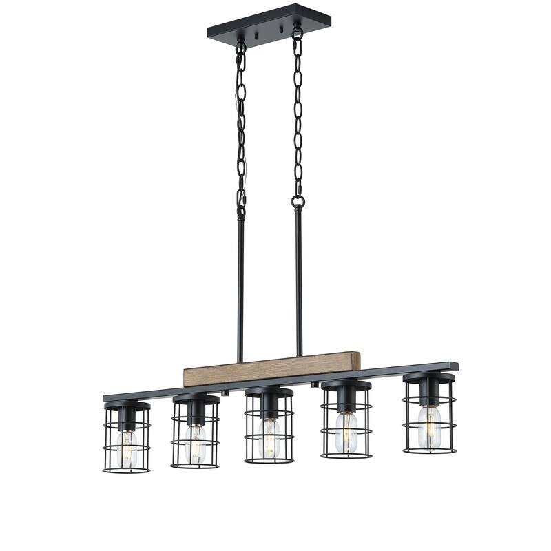 Modern Industrial 5 Light Black Iron Pendant Light Faux Wood Grain Ceiling Fixture