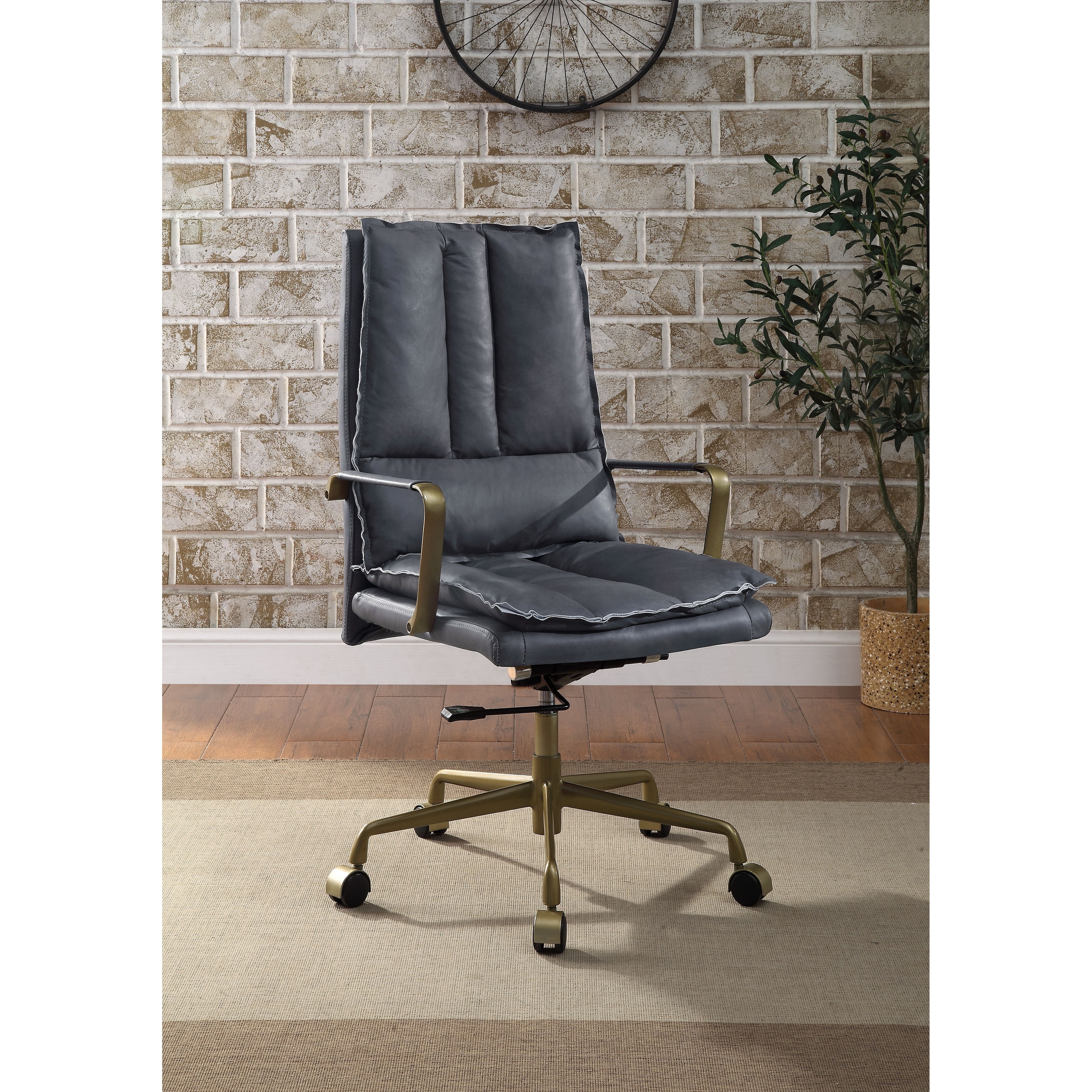 Gray Top Grain Leather Office Chair, 360° Swivel, Adjustable Height, 5-Star Caster Base, 20