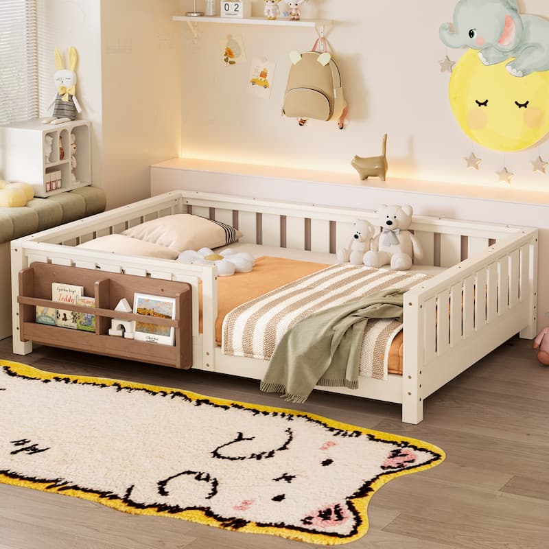 Montessori Floor Bed Low Profile Kids Bed with Rails & Bookshelf - Beige - Full