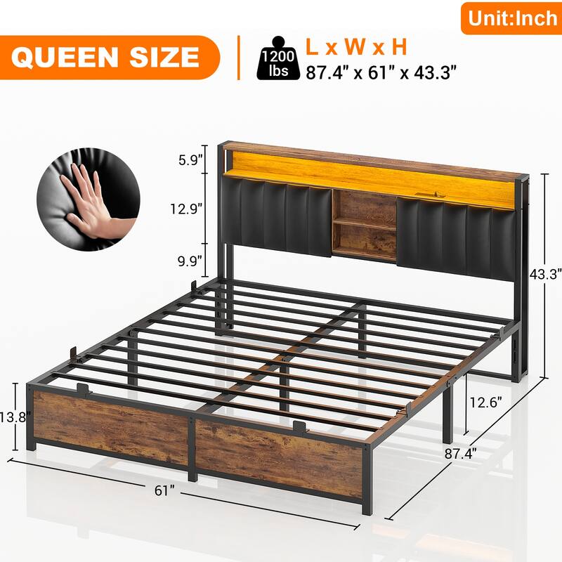 Upholstered Bed Frame with Storage Shelving, Platform Beds with Charge Station and LED Lights