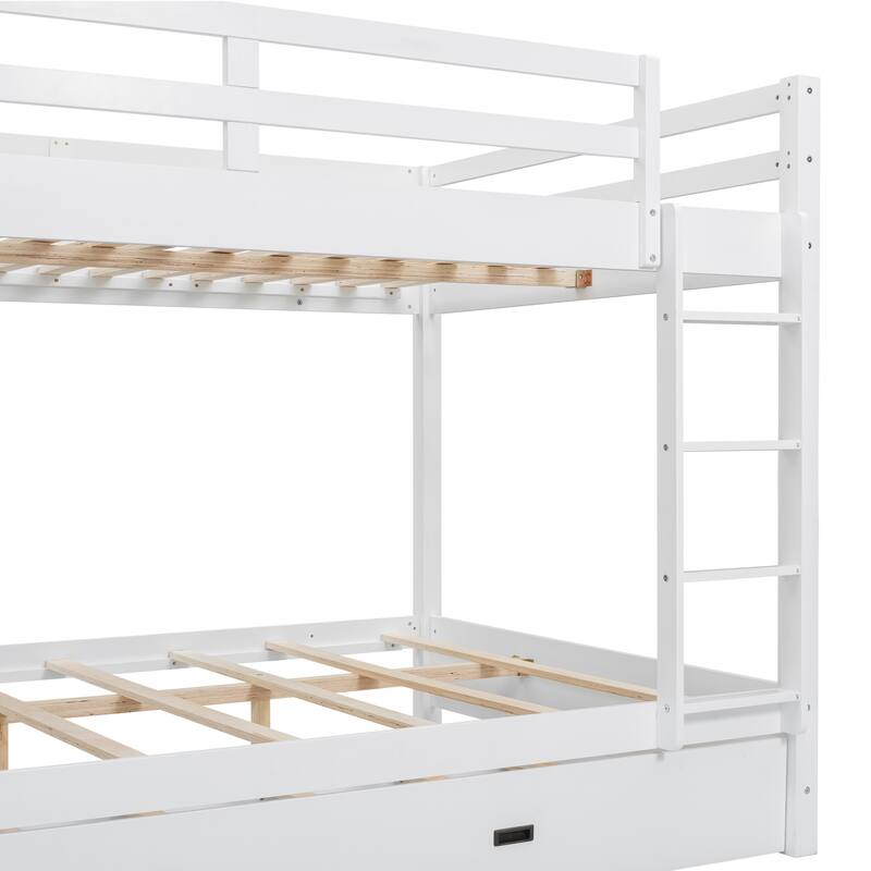 Wood Queen Size Bunk Bed with Ladder and Trundle