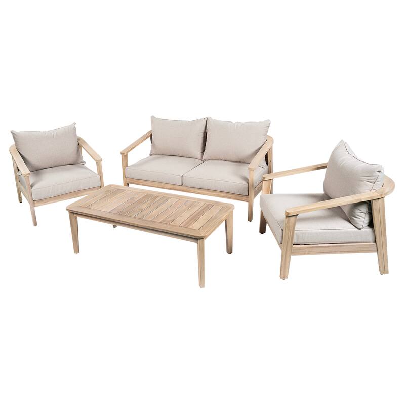 Christopher Knight Home - Hartford 4-Piece Outdoor Acacia Wood Patio Seating Set with Wicker Back and Cushions