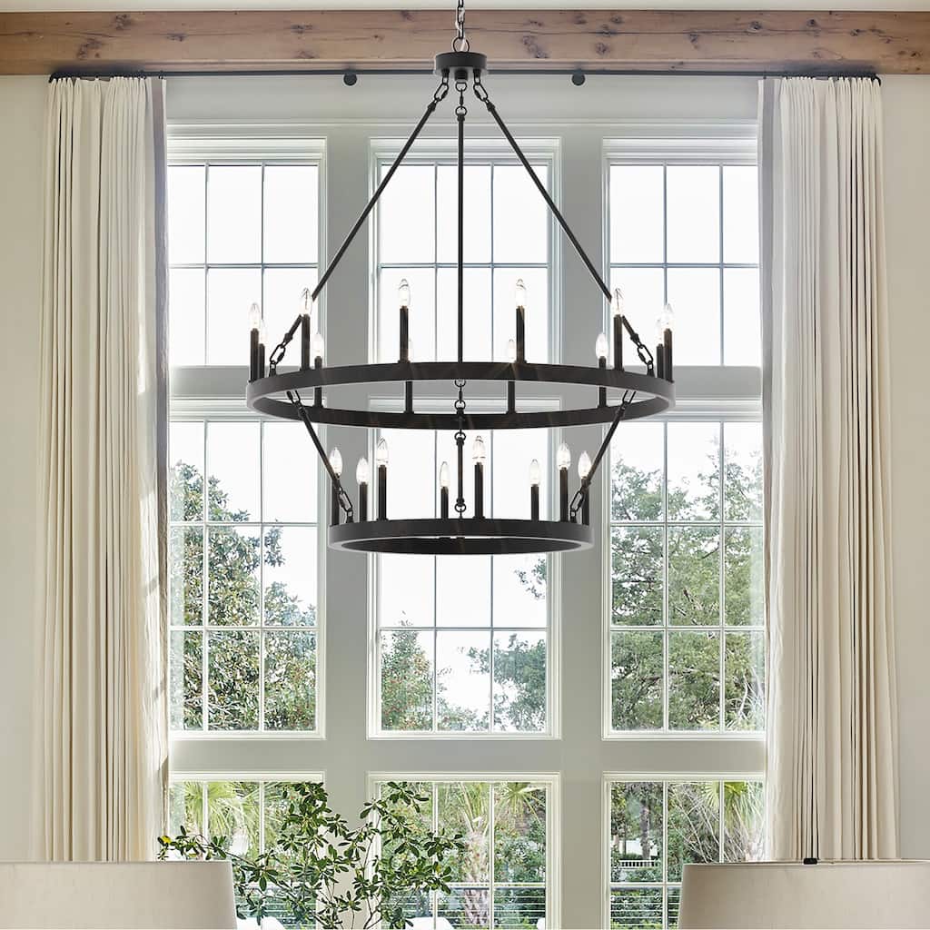 Modern Farmhouse Black Round Wagon Wheel Chandelier