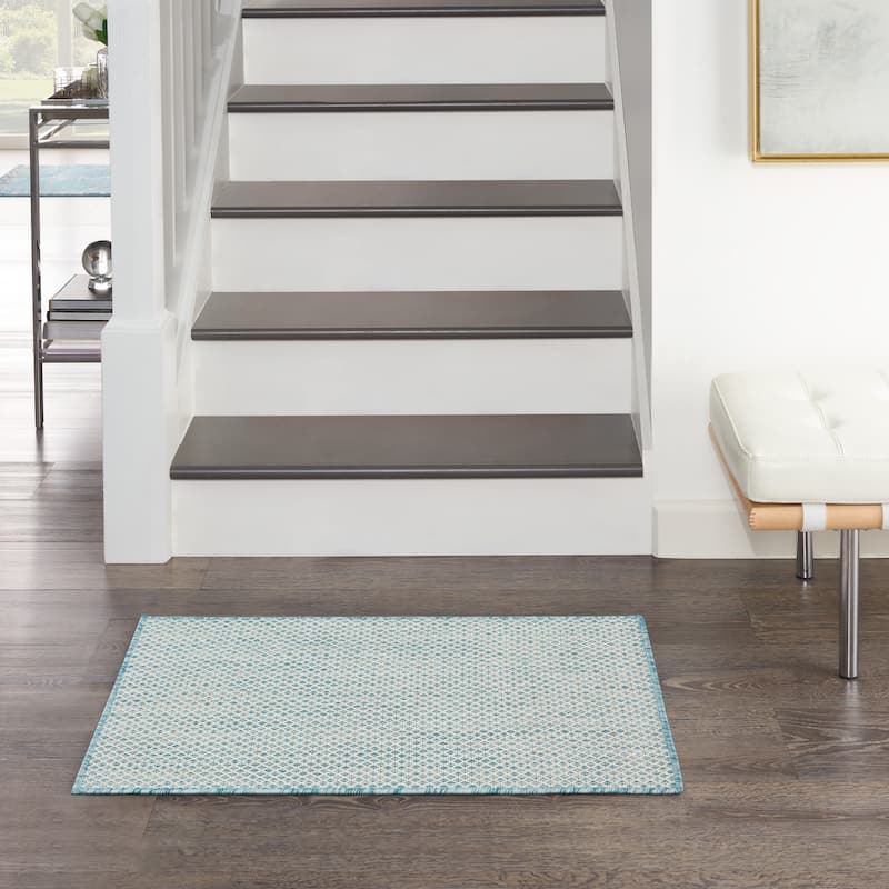 Nourison Courtyard Indoor/Outdoor Modern Geometric Area Rug - 2' x 3' Rectangle - Ivory/Aqua