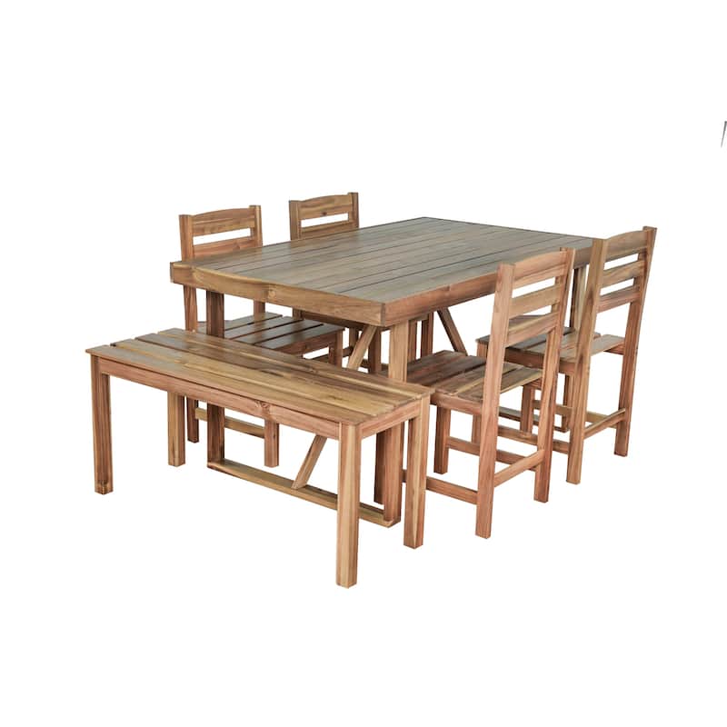 Roomfitters 6-Piece Acacia Wood Outdoor Dining Set with Bench and 4 Chairs, Rectangular Table for Patio and Backyard