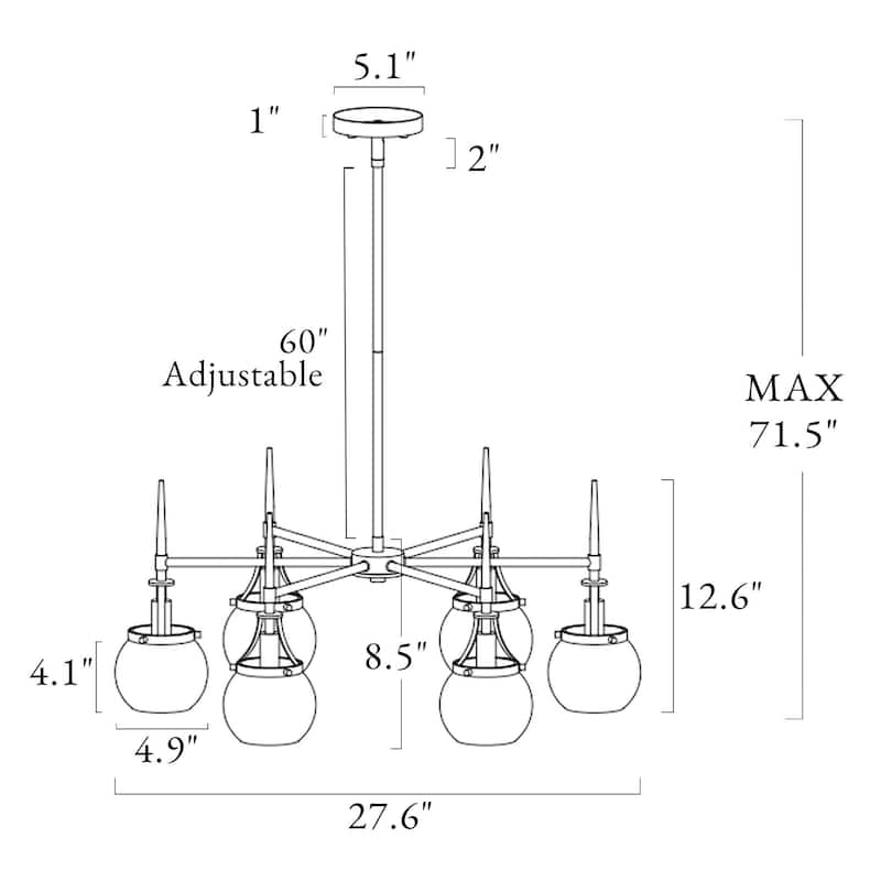 Beta Modern 6-Light Glass Wheel Chandelier Black Gold Pendant for Dining Living Room - 27.6"L x 4.9"W x 12.6"H