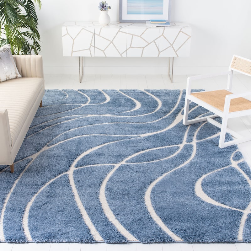 SAFAVIEH Florida Shag Sigtraud Abstract Waves 1.2-inch Area Rug - 4' x 6' - Light Blue/Cream