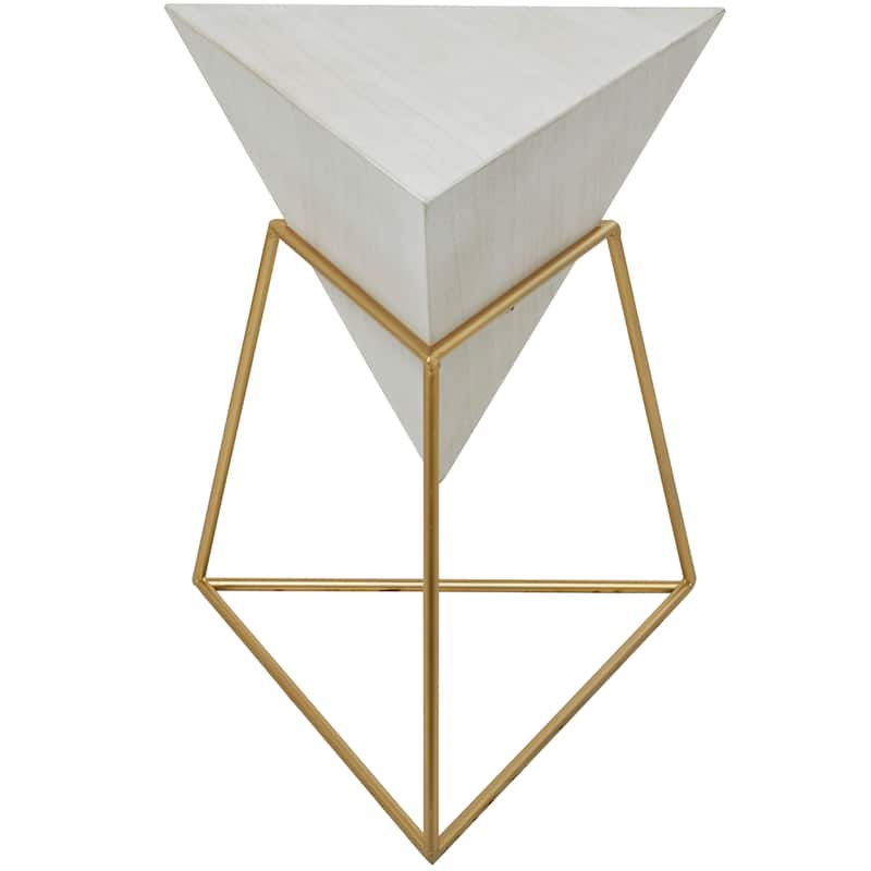 Wood Geometric Inverted Pyramid Accent Table with Metal Stand - Black or White - Roche River Decor - White/Gold
